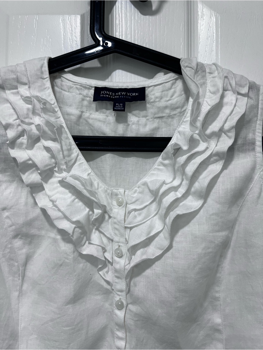 Jones New York white 100% linen ruffle sleeveless bottom front blouse PL - Picture 4 of 8